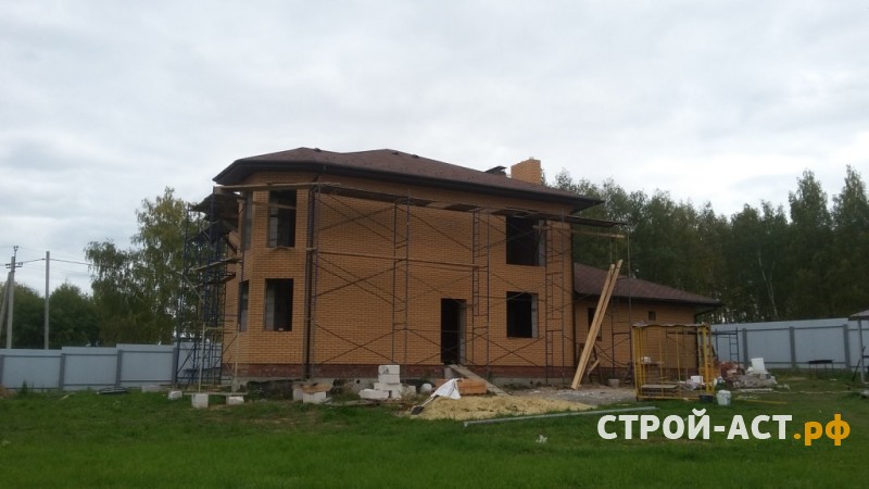 Построить дом в Кашире двухэтажный с гаражом из блоков с облицовкой из кирпича монолитные перекрытия и мягкая черепица Тегола Нордик
