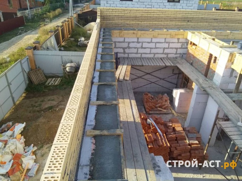 Строительство двухэтажного дома из газосиликатных блоков с облицовкой из кирпича с двускатной крышей, террасой и крыльцом 